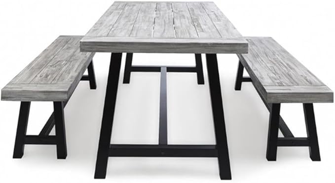 GDFStudio Cassie Outdoor Modern Industrial 3 Piece Acacia Wood Picnic Dining Set with Benches, Sandblasted Light Gray and Black Rustic Metal