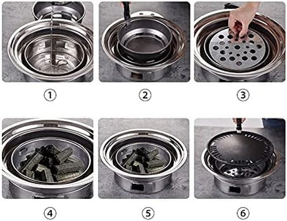 Stainless Steel Charcoal Barbecue Grill Korean Non-stick Barbecue Grills Portable Outdoor Bbq Grill Round Carbon Barbecue Stove(E)
