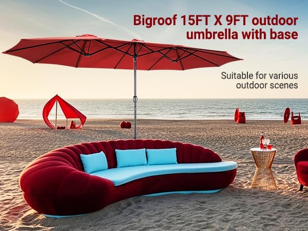 15ft Patio Umbrella with Base, 10-Year-No-Fade Large Outdoor Double-Sided Market Umbrella with UPF50+Terylene Polyester Fabric and Crank for Poolside Garden Deck Backyard Beach Pools