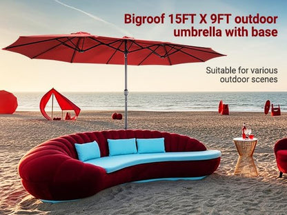 15ft Patio Umbrella with Base, 10-Year-No-Fade Large Outdoor Double-Sided Market Umbrella with UPF50+Terylene Polyester Fabric and Crank for Poolside Garden Deck Backyard Beach Pools