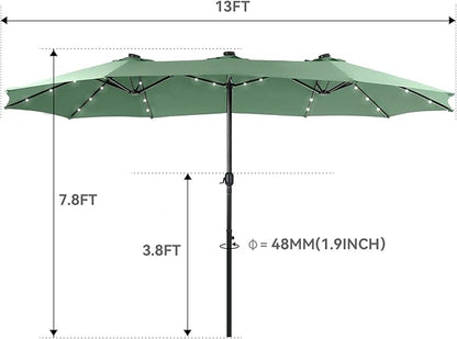 GREEN PARTY 15 ft Large Outdoor Patio Umbrella with Solar Led Lights & Base Included, Double-Sided Rectangular Table Umbrella with Stand, Market Umbrellas for Deck Poolside Garden Backyard, Mint Green