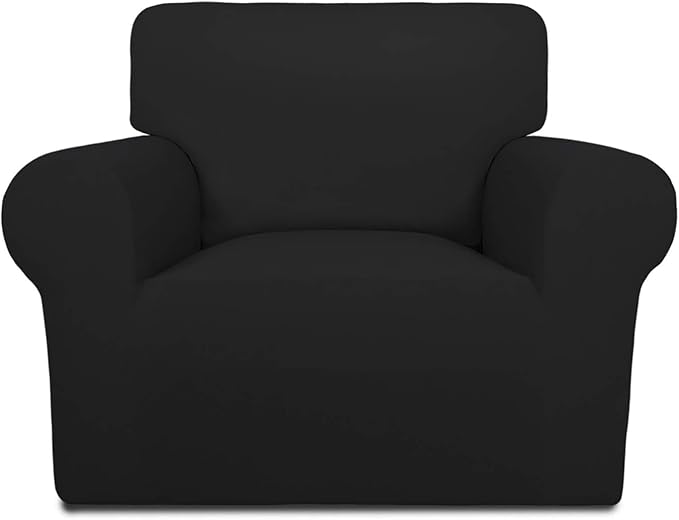 PureFit Super Stretch Chair Covers Fleece Couch Covers for Sofa Black | 1-Piece Spandex Couch Cover Soft Couch Protector, Sofa Cover Washable with Non Skid Foam and Elastic Bottom for Kids, Dogs