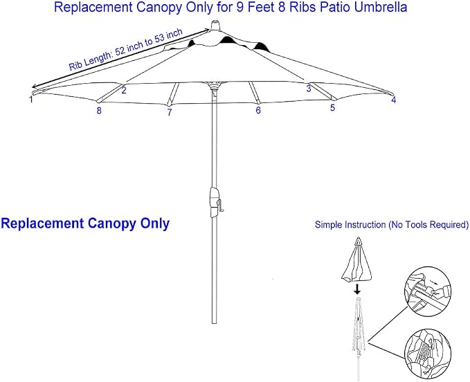 9ft Patio Umbrella Replacement Canopy Market Umbrella Top Outdoor Umbrella Canopy with 8 Ribs,Vented Canopy, Fade Resistant, UPF 50+ Excellent Sun Protection