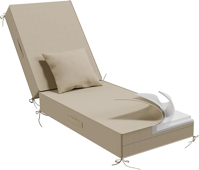 Outdoor Water-Resistant Olefin Chaise Lounge Cushions with Pillow, Weather and Fade Resistant Patio Furniture Lounge Chair Cushion Ideal for Patio, Lawn, Garden, Beige, 80" L x 26" W x 5" T