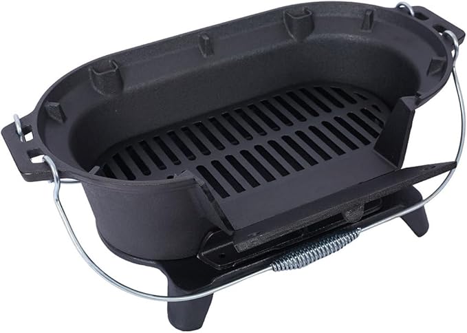 Tabletop Charcoal Grill & Cast Iron Hibachi with Flat-Top Griddle — Portable Outdoor BBQ for Camping, Tailgating & Picnics, Enamel-Coated, Built-in Vent, Carry Handles, 19.6" x 10.6" x 8.2", Black