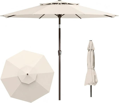 Outdoor Patio Umbrella, 2 Tiers Market Table Umbrella with 8 Sturdy Ribs, Push Button Tilt and Crank, UPF50+ UV Protection for Deck, Pool, Garden and Backyard