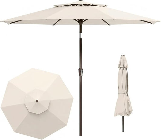 Outdoor Patio Umbrella, 2 Tiers Market Table Umbrella with 8 Sturdy Ribs, Push Button Tilt and Crank, UPF50+ UV Protection for Deck, Pool, Garden and Backyard