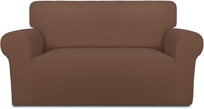 PureFit Stretch Loveseat Covers Fleece Couch Covers for Sofa Brown | 1-Piece Sofa Slipcover Soft Couch Protector, Sofa Cover Washable with Non Skid Foam and Elastic Bottom for Kids, Dogs