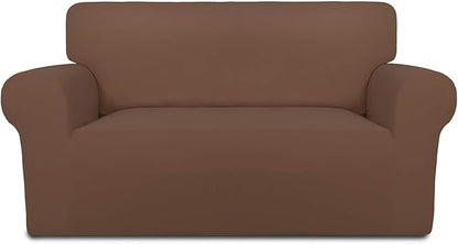 PureFit Stretch Loveseat Covers Fleece Couch Covers for Sofa Brown | 1-Piece Sofa Slipcover Soft Couch Protector, Sofa Cover Washable with Non Skid Foam and Elastic Bottom for Kids, Dogs
