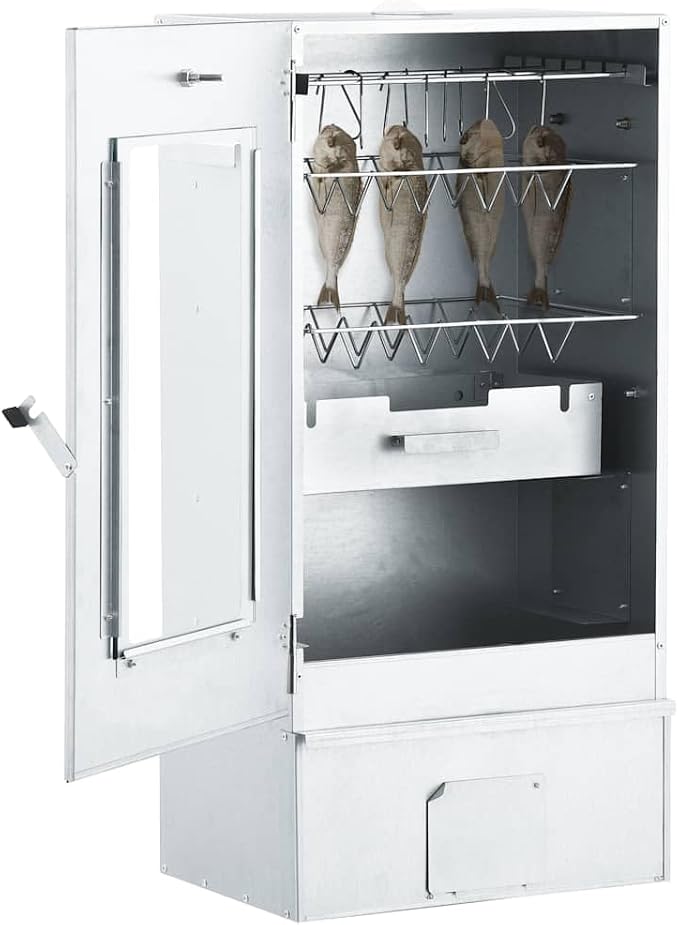 Vertical BBQ Smoker Grill with Viewing Window, Outdoor Meat Smokehouse for Fish and Sausages, Includes 2.2 lb Wood Chips and 12 Hooks, 17.5 x 11.4 x 32.7 Inches