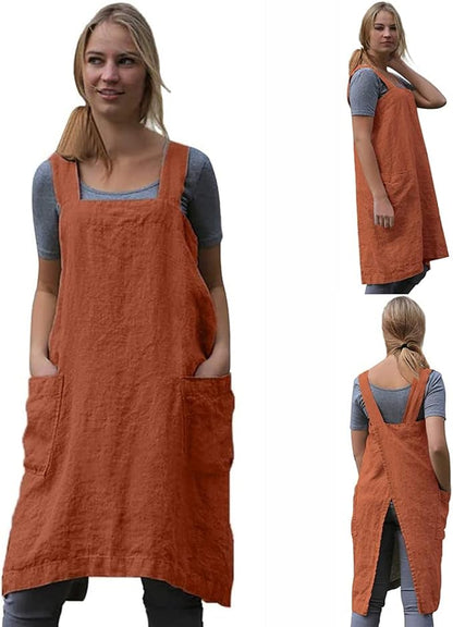 TBA Cotton Linen Apron Cross Back Apron for Women with Big Pockets Square Pinafore Dress for Baking Cooking BBQ & Grill