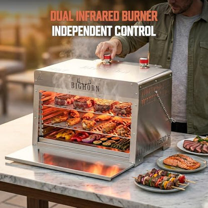 BIG HORN OUTDOORS 1500°F Infrared Propane Gas Grill – Portable Steak Broiler & Sear Station, Outdoor Salamander BBQ, Stainless Steel, 21.2 inch