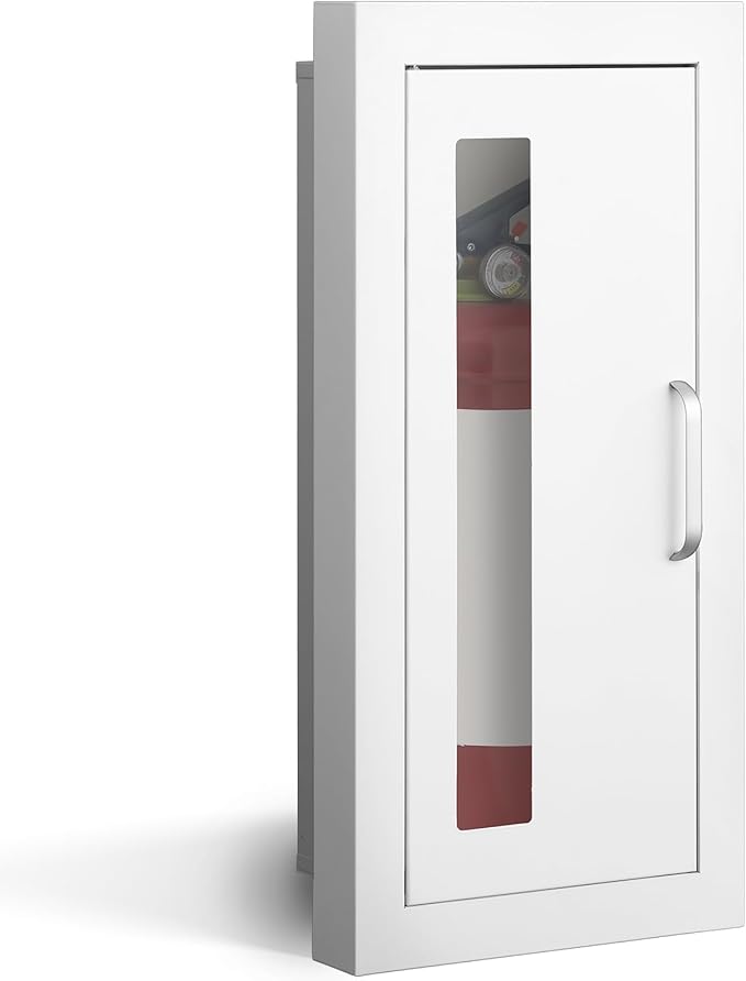 Zonon 1 Pcs Semi Recessed Fire Extinguisher Cabinet Industrial Architectural Wall Cabinet, Door with Handle Version for 10 Pound Dry Chemical Fire Extinguisher White