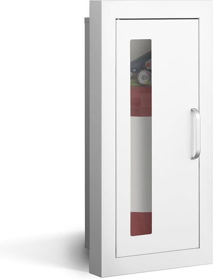 Zonon 1 Pcs Semi Recessed Fire Extinguisher Cabinet Industrial Architectural Wall Cabinet, Door with Handle Version for 10 Pound Dry Chemical Fire Extinguisher White