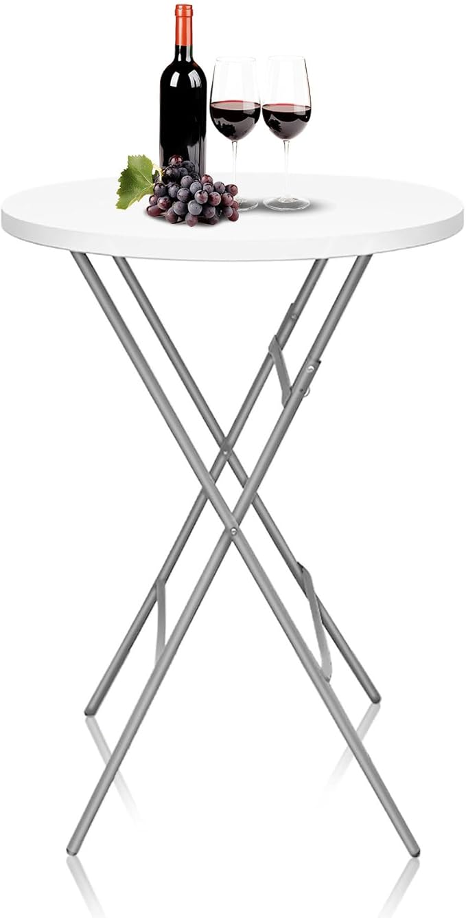 GUAGUA 32in Folding Cocktail Table, Bar Height, Round,High Top, White | Portable plastic table with folding legs for parties, weddings, catering, and indoor or outdoor events.