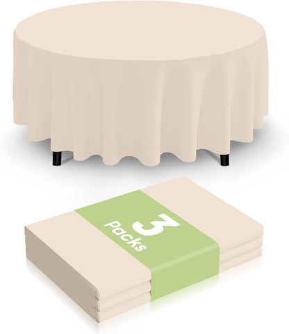 Smiry Disposable Table Cloth 3 Pack, 84 Inch Round Waterproof Plastic Tablecloth, Decorative Round Table Covers for Party, Birthday, Picnic, Ivory