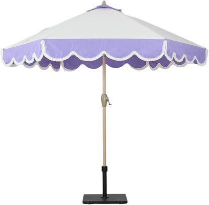 Tempera 9ft Beige Spliced Purple Tassels Scallop Patio umbrella,Outdoor Table Market Umbrellas with Crank & Pust Button Tilt, Wood Color Pole and 8 Steel Ribs