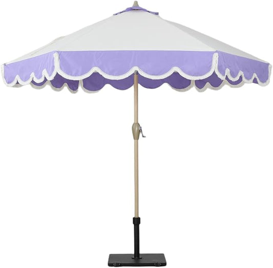 Tempera 9ft Beige Spliced Purple Tassels Scallop Patio umbrella,Outdoor Table Market Umbrellas with Crank & Pust Button Tilt, Wood Color Pole and 8 Steel Ribs