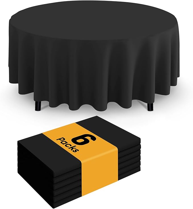 Smiry Disposable Table Cloth - 6 Pack, 84 Inch Round Waterproof Tablecloths for Parties, Decorative Plastic Table Cover, Leakproof & Sturdy, Black