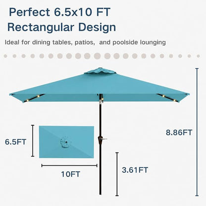 6.5 x 10ft Rectangular Patio Umbrella with Solar Lights, 16 LED Lighted Market Umbrella with Push-Button Tilt and Crank, 6 Sturdy Iron Ribs for Garden, Deck, Pool, Sky Blue