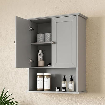 Medicine Cabinet, Over The Toilet Storage Cabinet, 24x30 Inch Wall Mount Bathroom Storage Cabinet with 2 Doors & Adjustable Shelf, Wooden Bathroom Wall Cabinet, Grey
