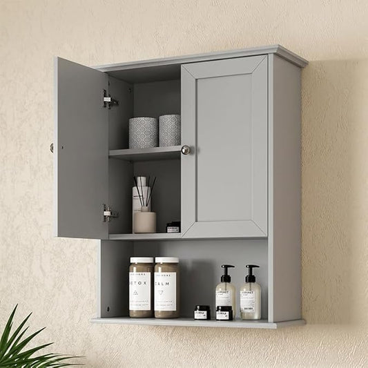 Medicine Cabinet, Over The Toilet Storage Cabinet, 24x30 Inch Wall Mount Bathroom Storage Cabinet with 2 Doors & Adjustable Shelf, Wooden Bathroom Wall Cabinet, Grey