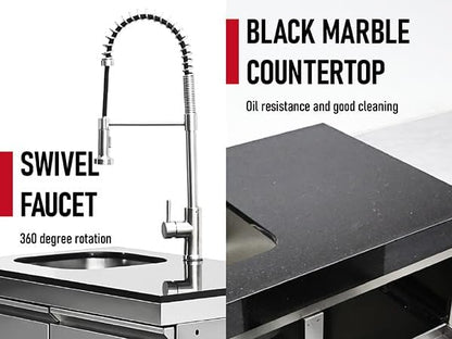 114" All-in-One Outdoor Kitchen Island,6 Burner Modular Kitchen with Grill Station Cabinetry,304 Stainless Black Granite, Sink, Fridge, BBQ Set for Patios & Backyards (Black, 114 IN)