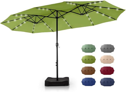 GREEN PARTY 15 ft Large Outdoor Patio Umbrella with Solar Led Lights & Base Included, Double-Sided Rectangular Table Umbrella with Stand, Market Umbrellas for Deck Poolside Garden Backyard, Lime Green