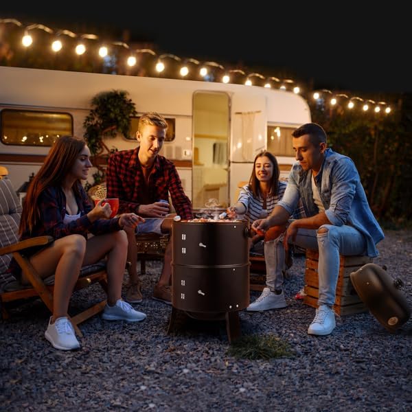Vertical Charcoal BBQ Smoker, 3-in-1 16" Round Charcoal Barbecue Grill with 2 Cooking Area, and Thermometer for Outdoor Camping Picnic Backyard Cooking, Black (Adjustable Barrel Grill)