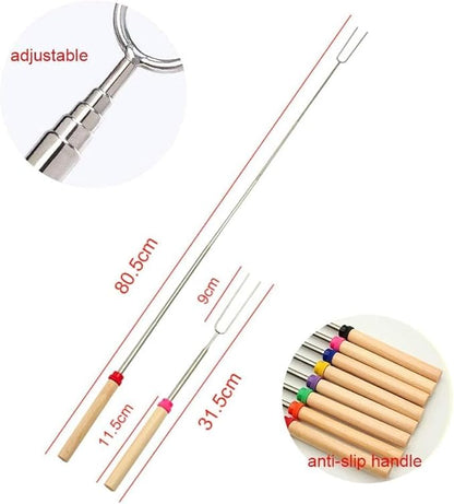 12 Pcs Marshmallow Roasting Sticks, BetterJonny 31cm - 82cm Long Extendable Fork Smores Sticks with Wooden Handle Stainless Steel Forks BBQ Tools with Black Storage Bag for Barbecue, Camping, Campfire