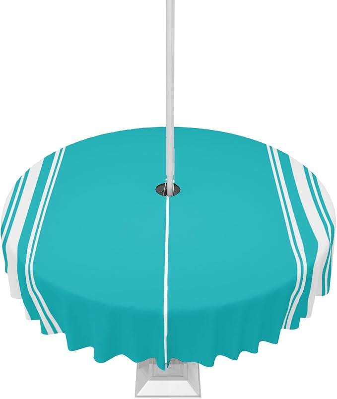 QueenKer Outdoor Tablecloth with Umbrella Hole, Farmhouse Aqua White Stripe Round Tables Waterproof Tabletop Collection for Patio, Garden, Picnic, Camping, Dining 60R