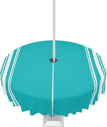 QueenKer Outdoor Tablecloth with Umbrella Hole, Farmhouse Aqua White Stripe Round Tables Waterproof Tabletop Collection for Patio, Garden, Picnic, Camping, Dining 60R