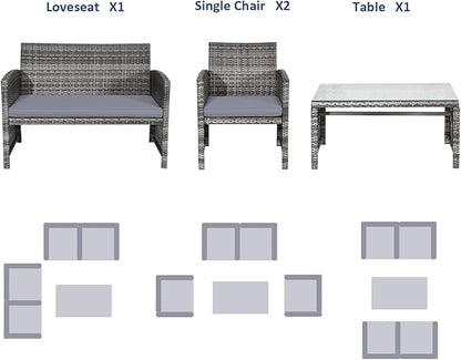 Tangkula 4 Pieces Patio Wicker Conversation Furniture Set, Patiojoy Sofa & Table Set w/4 Seats, Outdoor Rattan Sofa Set for Balcony Backyard, Wicker Chair Set with Tempered Glass Coffee Table