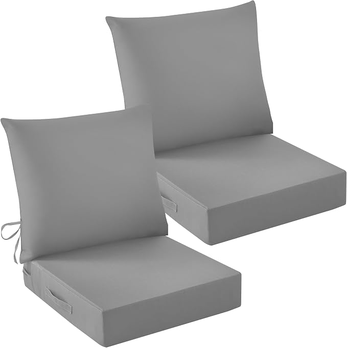 Outdoor Chair Cushions, 24 x 24 Inch Outdoor Cushion for Patio Furniture, Patio Chair Cushion, Waterproof & Fade Resistant Deep Patio Furniture Cushions Set with Handle and Ties, Grey (Set of 2)