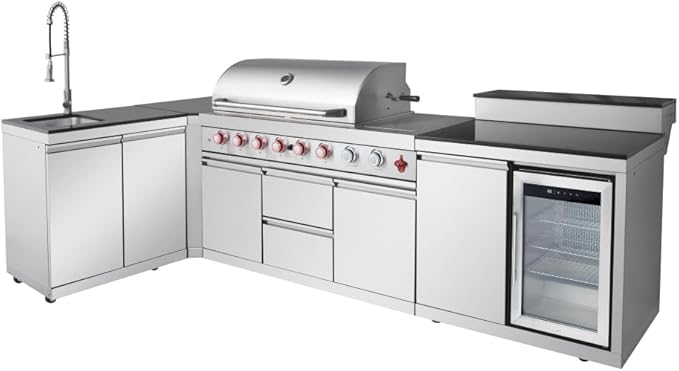 6-Burner 99000 BTU Stainless Steel Outdoor Kitchen Island Grill with Sink, Storage Cabinet, Refrigerator and Three-Tier Corner Cabinet