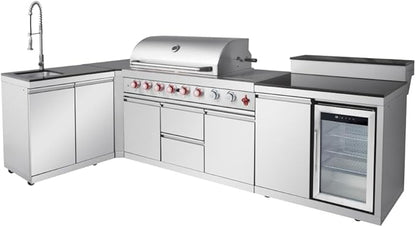 6-Burner 99000 BTU Stainless Steel Outdoor Kitchen Island Grill with Sink, Storage Cabinet, Refrigerator and Three-Tier Corner Cabinet