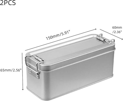 2 Pack Silver Tin Box Containers Metal Storage Box with Lids Rectangular Containers with Buckle Latch for Home Storage Outdoor Usage(5.91"×2.36"×2.56")