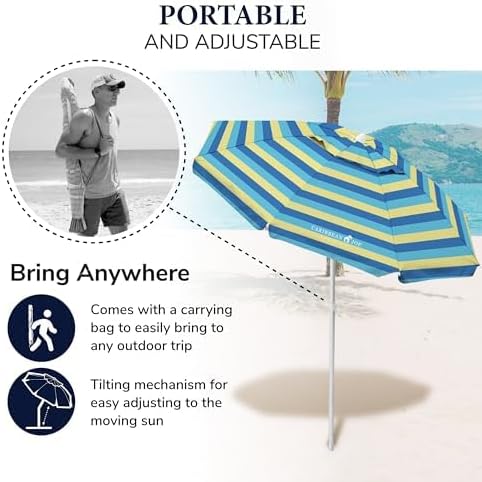 Caribbean Joe Beach Umbrella, Portable and Adjustable Tilt Sun Umbrella with UV Protection, Vented Canopy, Full 6.5 ft Arc