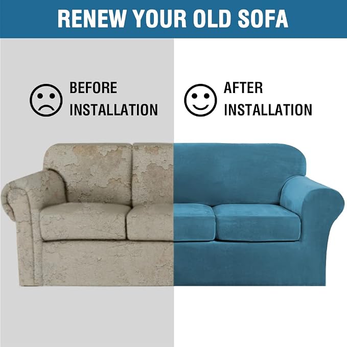 H.VERSAILTEX Velvet 4 Piece High Stretch Sofa Slipcover Cover Furniture Protector Form Fit Thick Velvet Extra Large Sofa Cover for 3 Cushion Couch Width Up to 105 Inch (XL Sofa, Peacock Blue)