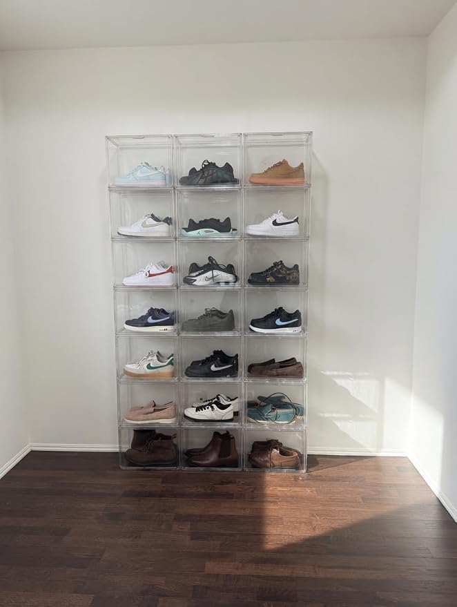 10 Pack Clear High-Top Sneaker Storage Box, Acrylic Shoe Organizer | Extra height 10.6'' for high-top sneakers & athletic footwear Size 11. Stackable display design keeps collections organized