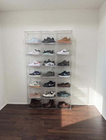 5 Pack Clear High-Top Sneaker Storage Boxes, Acrylic Shoe Organizer | Extra height 10.6'' for high-top sneakers & athletic footwear Size 11.Stackable display design keeps collections organized