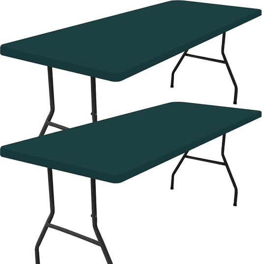 Smiry 2 Pack Rectangle Tablecloth, Elastic Fitted Flannel Backed Vinyl Tablecloths for 6ft Folding Tables, Waterproof Wipeable Table Covers for Outdoor, Picnic and Camping (Hunter Green, 30"x72")