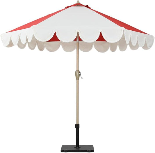 Tempera 9ft Red Scalloped Patio Umbrellas Outdoor Table Umbrellas with Fade Resistant Canopy, 8 Sturdy Rids, Elegant Vintage Umbrellas for Lawn, Pool, Deck, Balcony