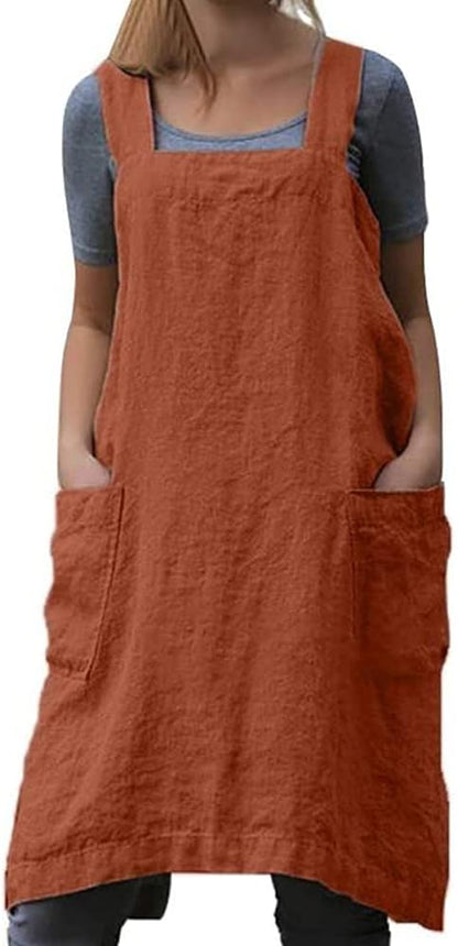 TBA Cotton Linen Apron Cross Back Apron for Women with Big Pockets Square Pinafore Dress for Baking Cooking BBQ & Grill