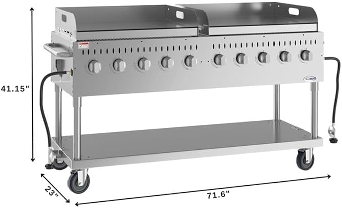 Pemberly Row 72" Stainless Steel Commercial Outdoor Propane Grill – 10 Burners, Dual Griddles, Heavy Duty BBQ Gas Grill