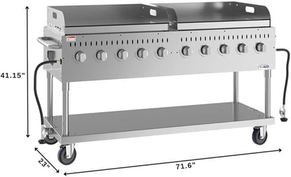 Pemberly Row 72" Stainless Steel Commercial Outdoor Propane Grill – 10 Burners, Dual Griddles, Heavy Duty BBQ Gas Grill