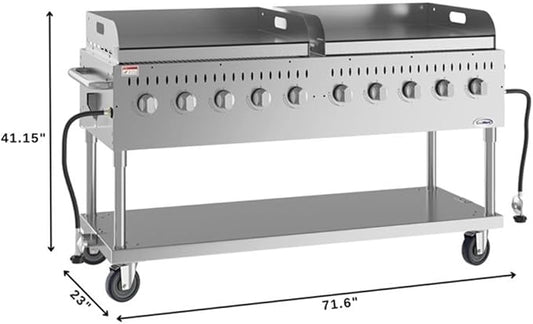 Pemberly Row 72" Stainless Steel Commercial Outdoor Propane Grill – 10 Burners, Dual Griddles, Heavy Duty BBQ Gas Grill