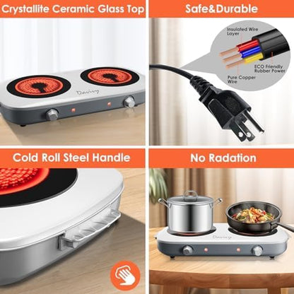 Davivy Hot Plate Electric Double Burner,1800W Rapid Heating Portable Cooktop with 7.9inch Crystallite Ceramic Glass Top,Flexible Temperature Settings,Lightweight Design for Cooking (Double-White)