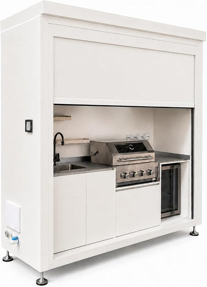 Sunnyjoy Modular Outdoor Kitchen, Premium Aluminum Cabinet System-2 | Standard edition with grill, sink & storage, durable weather-resistant design, includes roll-up set for protection