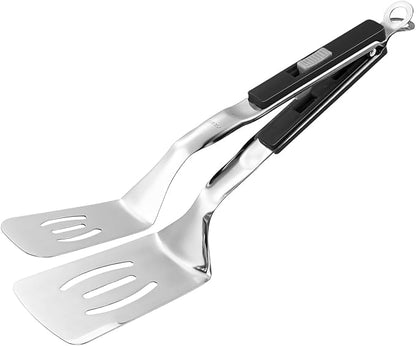 M METERXITY Spatula Tongs, 11.4 Inch 304 Stainless Steel Anti-Scald Multifunctional Flipper Grill Clamp for Cooking/Barbecue, Kitchen Cooking Tongs [Black Handle, Silver Tone]